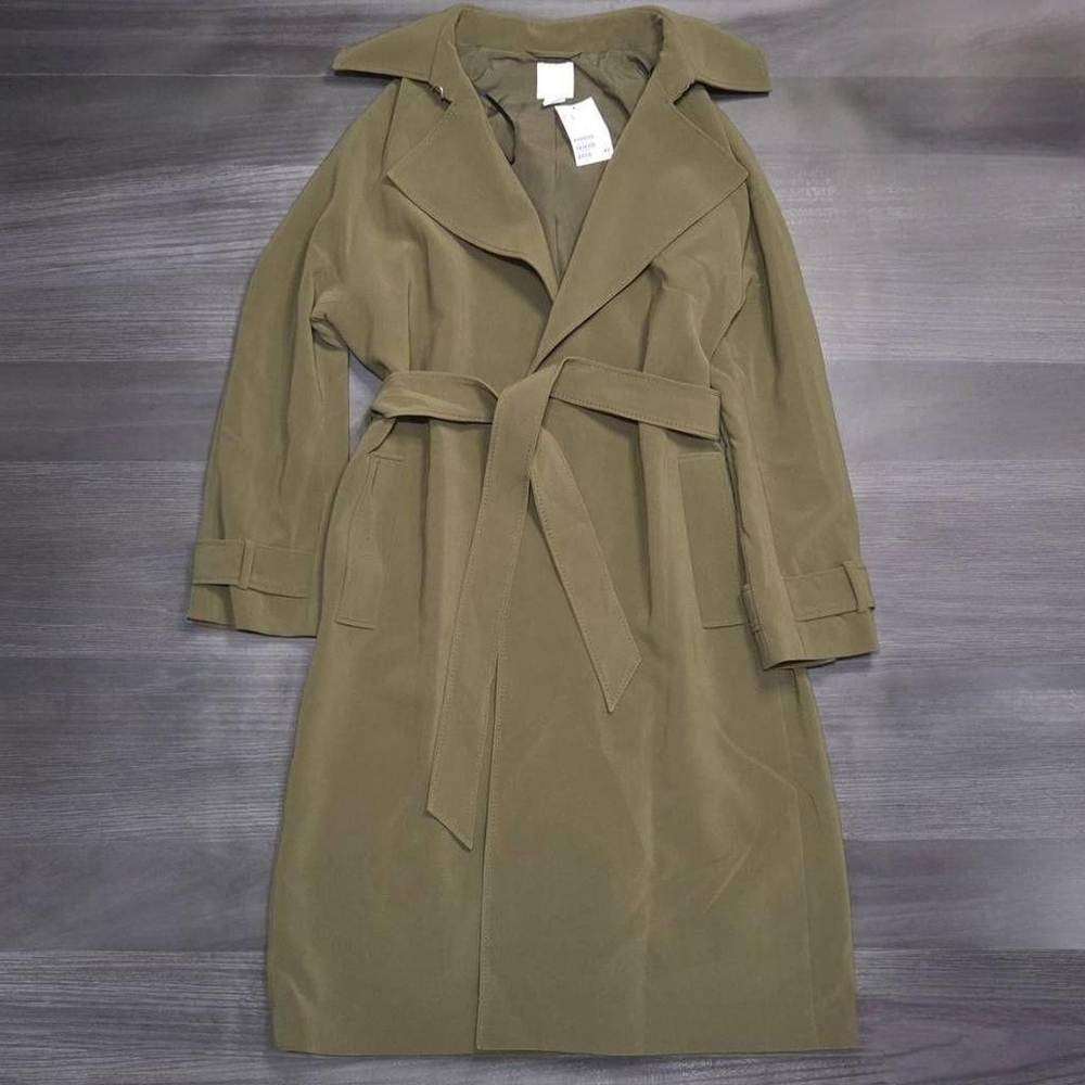 H&M dark khaki green trench coat with belt Size Small